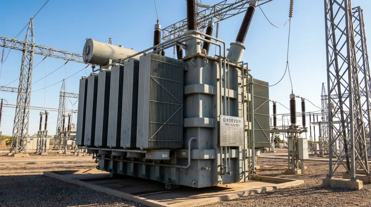 미국 전력망 변전소에 설치된 효성중공업 765kV 초고압 변압기의 상세한 산업 공학 실사 이미지