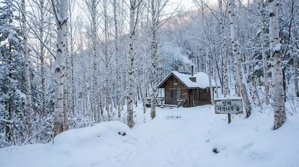 눈 덮인 강원도 인제 원대리 자작나무 숲과 배경의 작은 나무 오두막이 어우러진 겨울 풍경