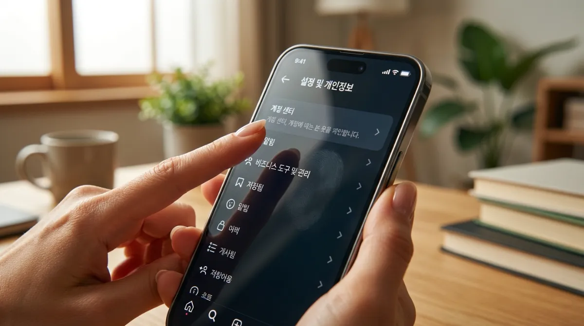 인스타그램 설정 및 개인정보 보호 메뉴에서 계정 센터를 선택하는 모습과 아늑한 홈 오피스 배경의 디지털 디톡스 이미지