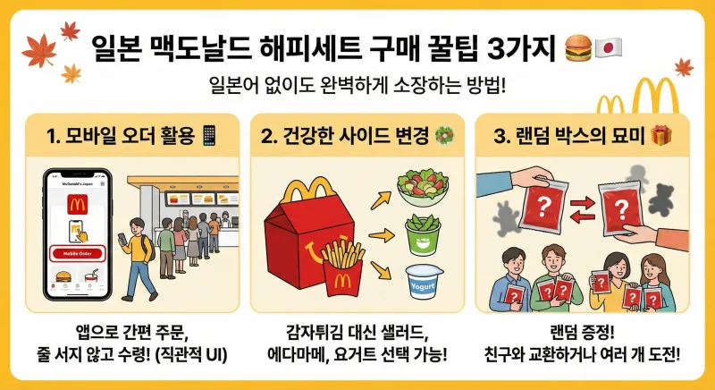 일본 맥도날드 해피세트를 일본어 없이도 쉽게 구매하는 3가지 꿀팁을 담은 인포그래픽입니다. 모바일 오더 활용, 건강한 사이드 메뉴 변경, 랜덤 박스 정보가 일러스트로 표현되어 있습니다.