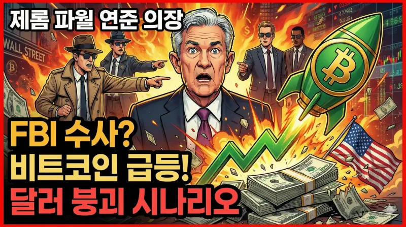 제롬 파월 연준 의장의 FBI 수사 루머와 비트코인 가격 급등, 달러 붕괴 시나리오를 강렬한 일러스트와 인포그래픽으로 표현한 블로그 대표 이미지입니다.