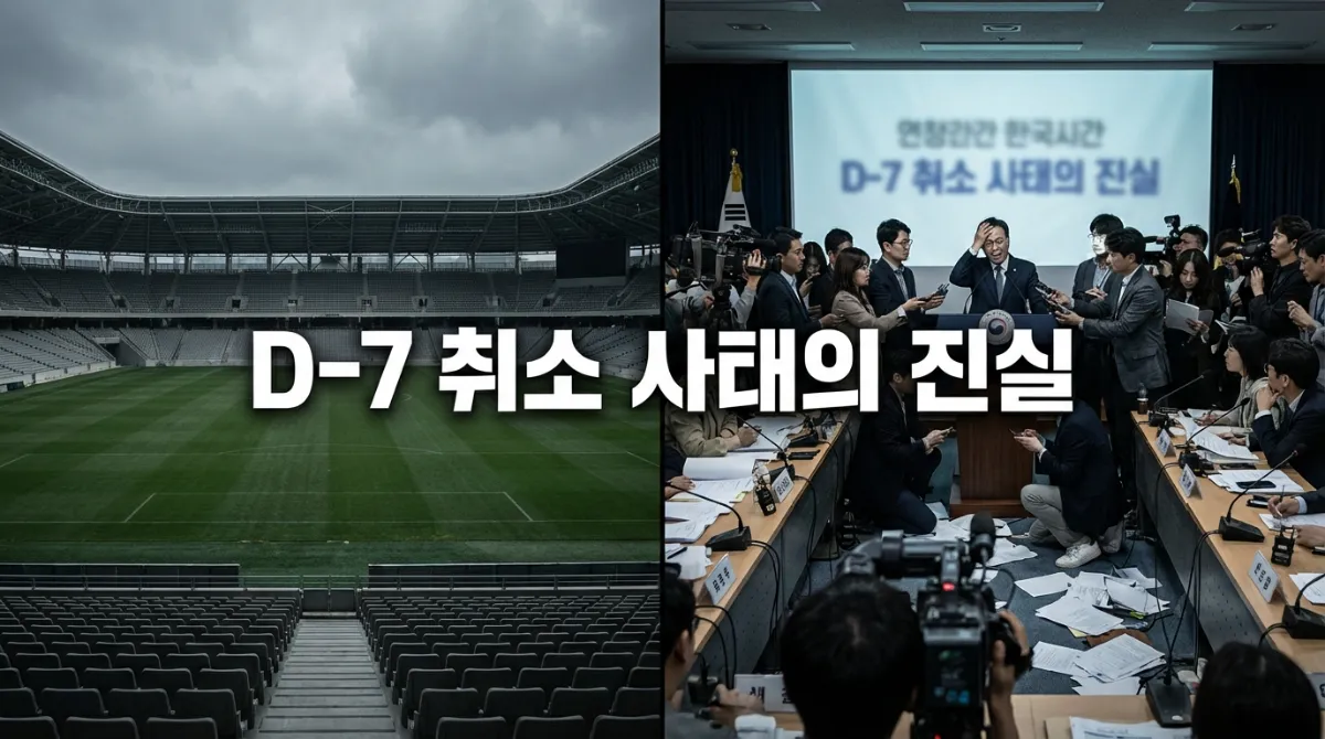 텅 빈 카이탁 스포츠 파크 경기장과 혼란스러운 서울 기자회견장을 대비시킨 분할 화면, D-7 취소 사태의 진실 텍스트 오버레이