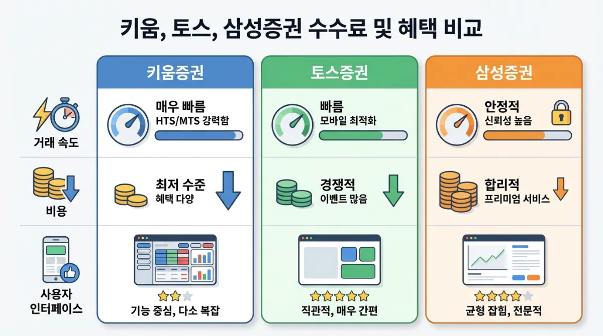 2026년 키움증권 해외주식 계좌개설 방법: 40달러 받고 수수료 0.07% 적용하는 법 (비교 분석) 3 키움증권, 토스증권, 삼성증권의 수수료 및 혜택 비교 인포그래픽. 매매 속도, 비용, 사용자 인터페이스 아이콘을 포함한 깔끔한 디자인의 증권사 비교 차트.