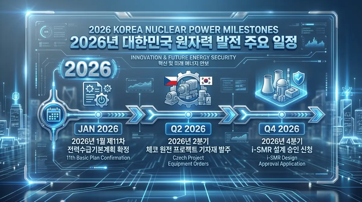 2026년 한국 원자력 발전 주요 이정표 인포그래픽: 1월 제11차 전력수급기본계획 확정, 2분기 체코 원전 프로젝트 설비 발주, 4분기 i-SMR 표준설계인가 신청 일정을 담은 미래형 블루 및 실버 톤 디자인
