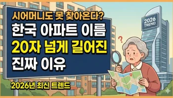 한국 아파트 이름이 20자 넘게 길어진 이유를 설명하는 일러스트로, 지도를 든 어르신이 아파트 단지에서 길을 찾는 모습과 2026년 최신 트렌드 문구가 포함된 블로그 썸네일 이미지입니다.