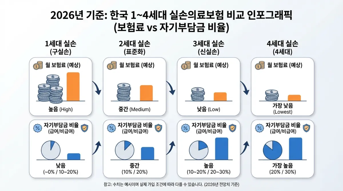 2026년 기준 1세대, 2세대, 3세대, 4세대 실손보험 비교 인포그래픽: 세대별 보험료 비용과 자기부담금 비율 상세 비교
