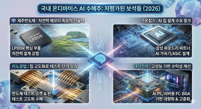 2026년 국내 온디바이스 AI 시장에서 주목받는 저평가 수혜주들을 정리한 인포그래픽 이미지입니다. 제주반도체, 가온칩스, 리노공업, 대덕전자의 핵심 기술력과 투자 포인트를 한눈에 볼 수 있습니다.