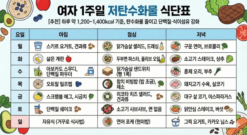 한국어로 작성된 여자 1주일 저탄수화물 식단표 인포그래픽으로, 월요일부터 일요일까지 아침, 점심, 저녁 상세 식단이 일러스트와 함께 정리되어 있습니다.
