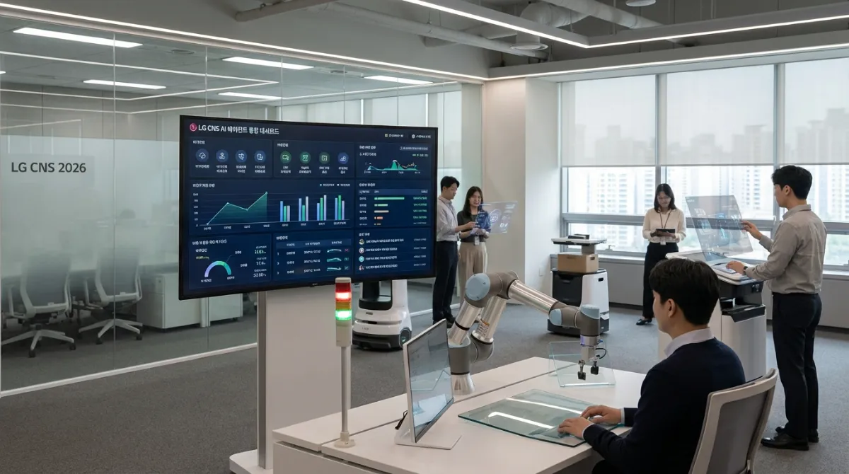 2026년 LG CNS의 고도화된 AI 에이전트 대시보드와 로봇 시스템이 통합된 미래형 기업 오피스 워크플로우 및 전문적인 사무 환경