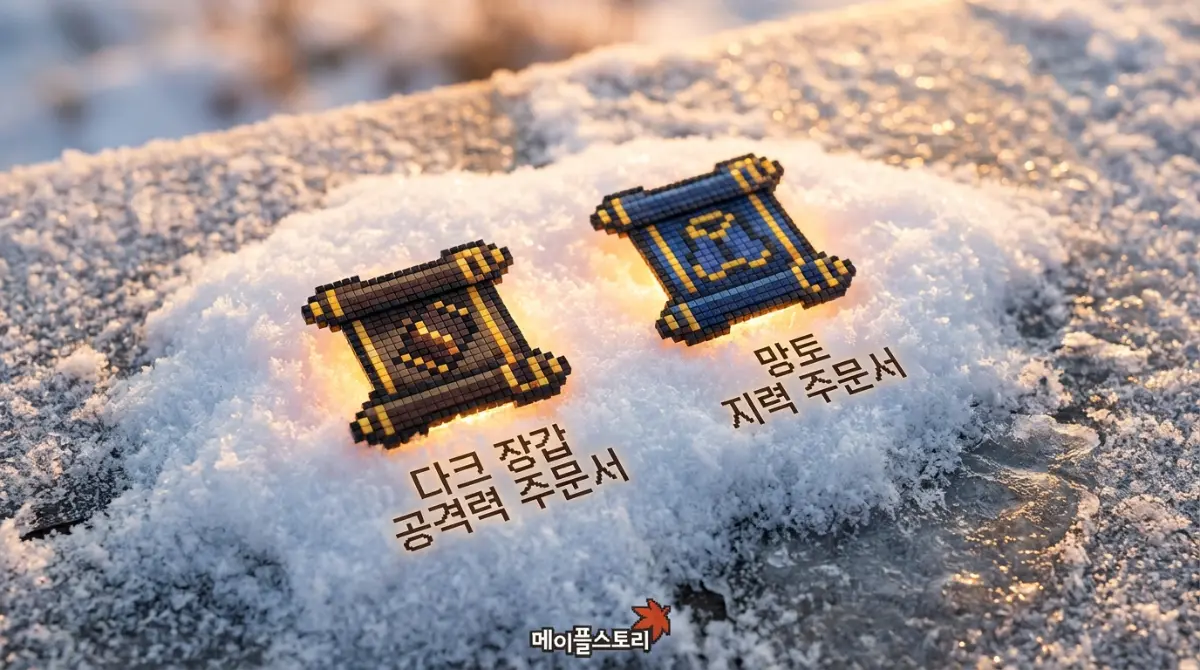 황금빛 오라가 빛나는 메이플스토리 장갑 공격력 및 망토 지력 다크 스크롤 픽셀 아트, 눈 내린 배경의 아이템 이미지