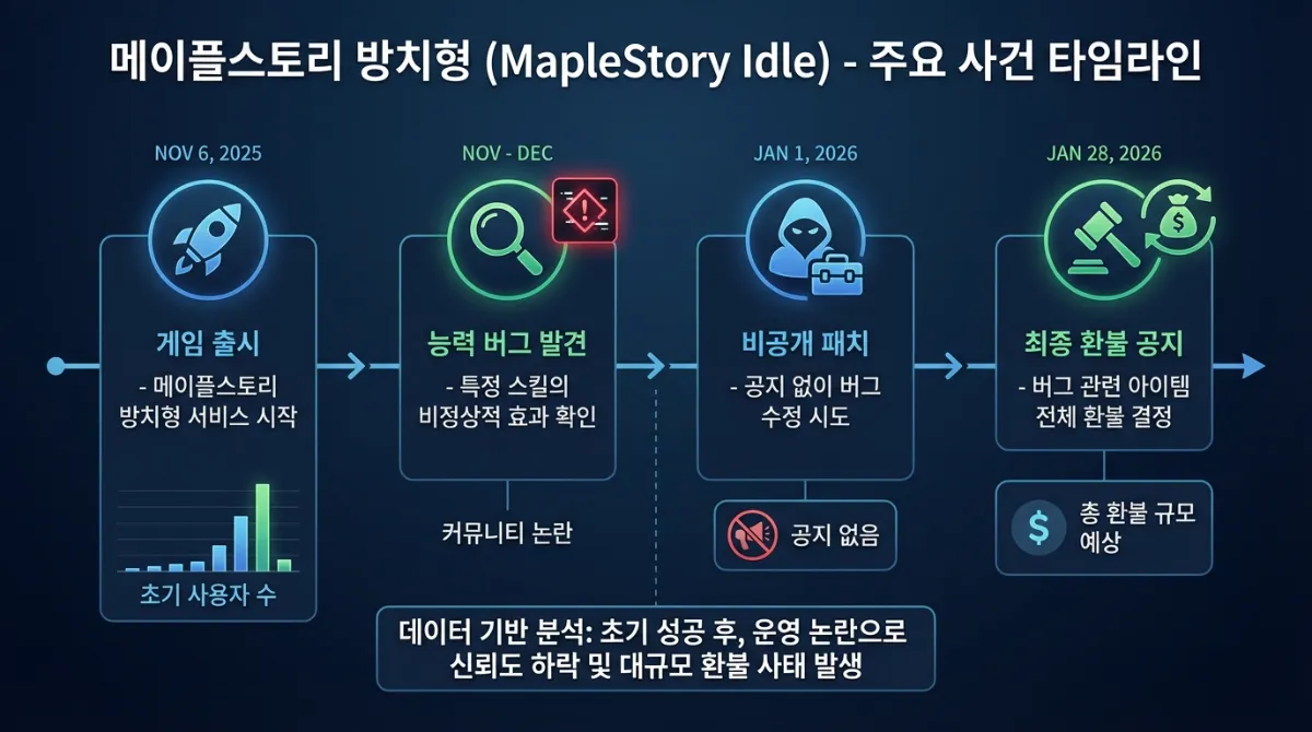 2026 메이플 키우기 전액 환불: 구글 신청 절대 금지? 100% 받는 유일한 방법 2 메이플스토리 방치형 어빌리티 버그 및 환불 사태 타임라인 인포그래픽. 2025년 11월 6일 출시부터 잠수함 패치 논란, 2026년 1월 28일 최종 환불 공지까지의 과정을 상세히 묘사.