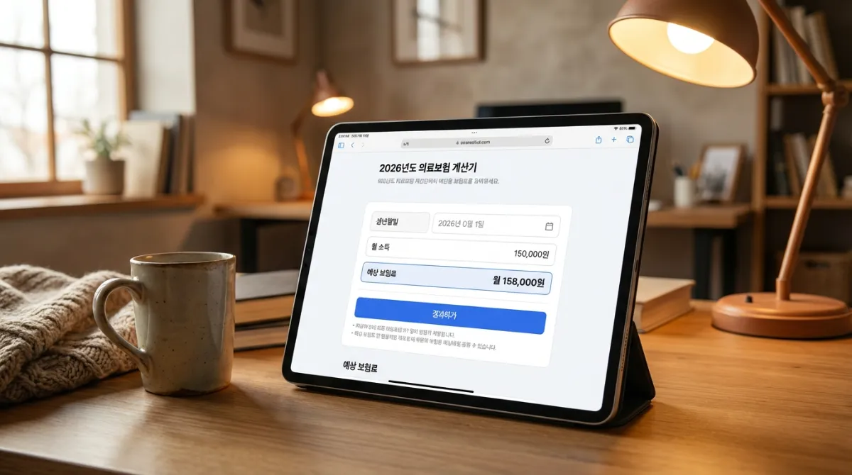 아늑한 홈 오피스 환경에서 2026년 최신 요율이 적용된 의료보험 계산기를 보여주는 디지털 태블릿의 고화질 사진