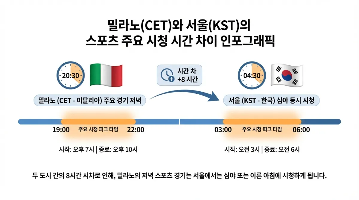 밀라노(CET)와 서울(KST)의 시차를 보여주는 인포그래픽 차트. 이탈리아와 한국 국기, 시계 아이콘을 포함하며 주요 스포츠 경기 시청 최적 시간대를 강조합니다.