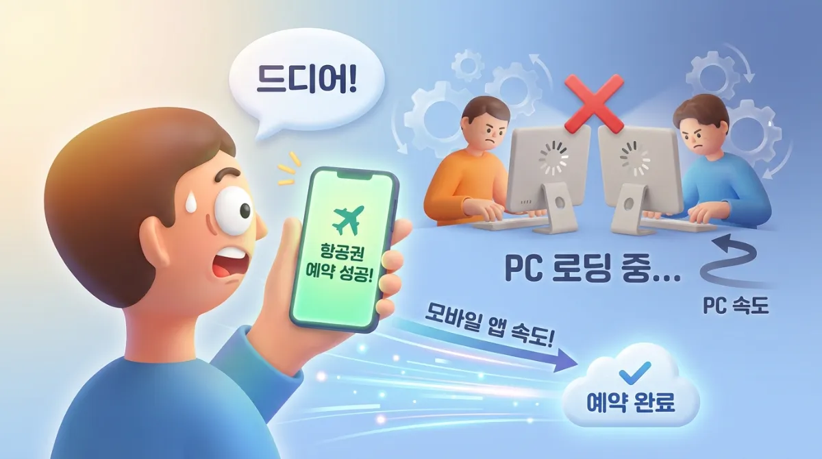 Rank Math SEO를 고려한 모바일 앱의 속도 장점: PC 사용자들이 로딩 화면으로 좌절하는 동안 스마트폰 앱으로 비행기 티켓 예약을 성공한 모습의 일러스트