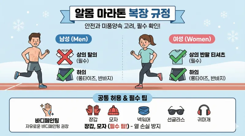 알몸 마라톤 대회 참가자를 위한 남녀 복장 규정과 안전을 위한 필수 아이템 팁을 담은 인포그래픽입니다. 남성은 상의 탈의, 여성은 상의 착용 규정과 공통 허용 품목을 안내합니다.
