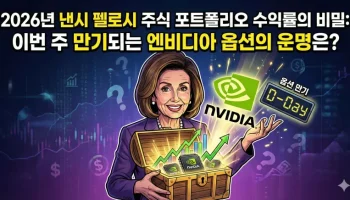 2026년 낸시 펠로시의 주식 포트폴리오 수익률 비결과 이번 주 만기되는 엔비디아 옵션 거래를 상징하는 화려한 디지털 주가 차트 일러스트.