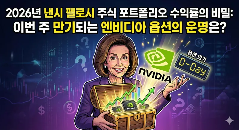 2026년 낸시 펠로시의 주식 포트폴리오 수익률 비결과 이번 주 만기되는 엔비디아 옵션 거래를 상징하는 화려한 디지털 주가 차트 일러스트.