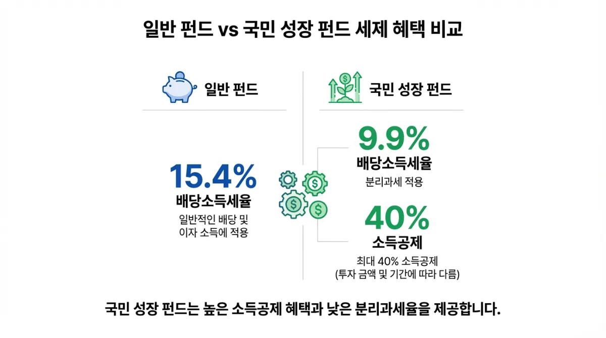 일반 펀드(15.4% 세율)와 국민성장펀드(9.9% 세율 및 40% 소득공제)의 세금 혜택과 절세 효과를 비교한 깔끔한 금융 인포그래픽 차트