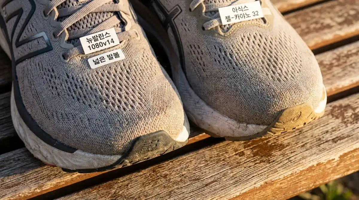 뉴발란스 1080v14와 아식스 젤 카야노 32의 넓은 토박스 및 메쉬 질감을 상세하게 비교한 근접 사진