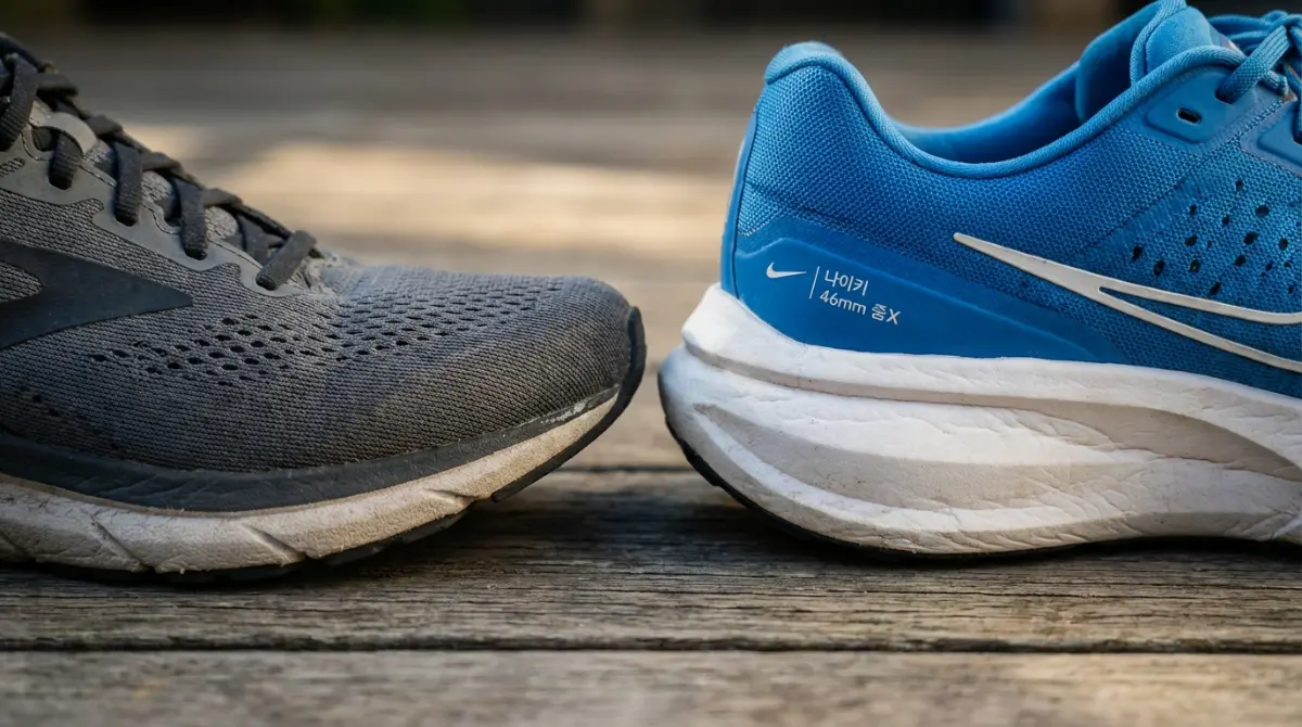 표준 러닝화와 46mm 스택 하이트의 두꺼운 폼 쿠셔닝이 돋보이는 나이키 보메로 18 측면 프로필 비교