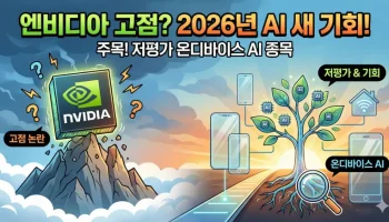 엔비디아 주가 고점 논란 속에서 2026년 새로운 투자 기회로 떠오르는 저평가 온디바이스 AI 종목의 성장 가능성을 시각적으로 표현한 일러스트입니다.
