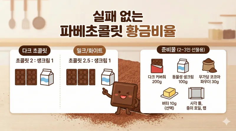 다크 초콜릿과 밀크/화이트 초콜릿의 생크림 황금비율을 비교하고, 파베초콜릿 만들기에 필요한 재료와 도구를 일러스트로 정리한 레시피 가이드입니다.