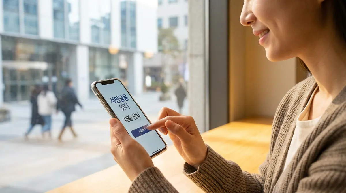 2026년 서민금융 잇다 앱을 통해 스마트폰으로 간편하게 대출을 신청하는 따뜻하고 희망찬 분위기의 사용자 모습