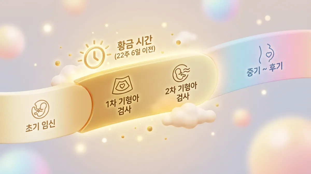 22주 6일 이전 임신 골든타임을 강조한 타임라인 일러스트. 1차 및 2차 기형아 검사 등 주요 시기를 포함한 부드럽고 명확한 시각적 가이드.
