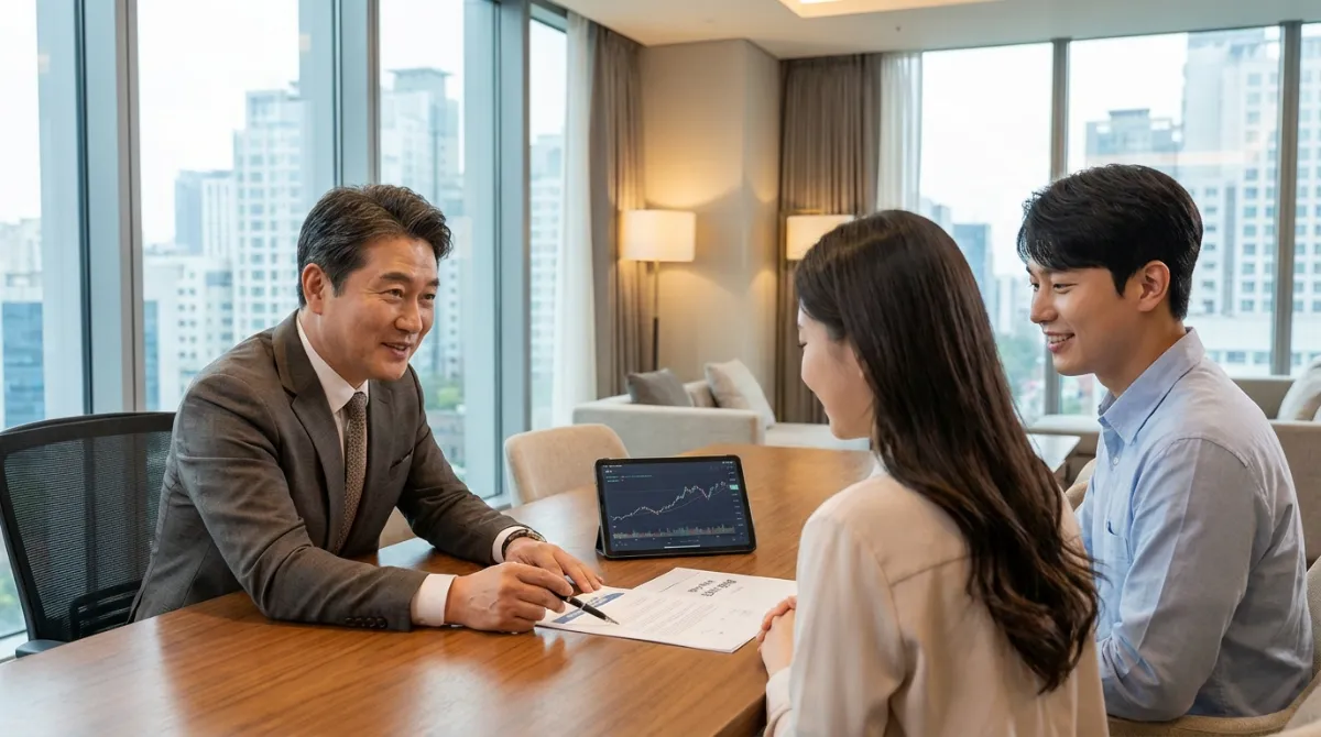 현대적인 사무실에서 전문 재무 상담사가 젊은 부부에게 계약서 내용을 상세히 설명하며 신뢰와 명확성을 강조하는 고화질 이미지
