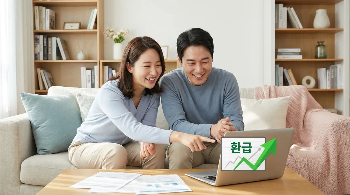 2026 연말정산 환급금 조회 및 놓치기 쉬운 소득공제 항목 (13월의 월급 극대화 가이드) 3 거실에서 노트북과 서류를 확인하며 세금 환급액을 계산하고 기뻐하는 30대 한국인 부부의 모습