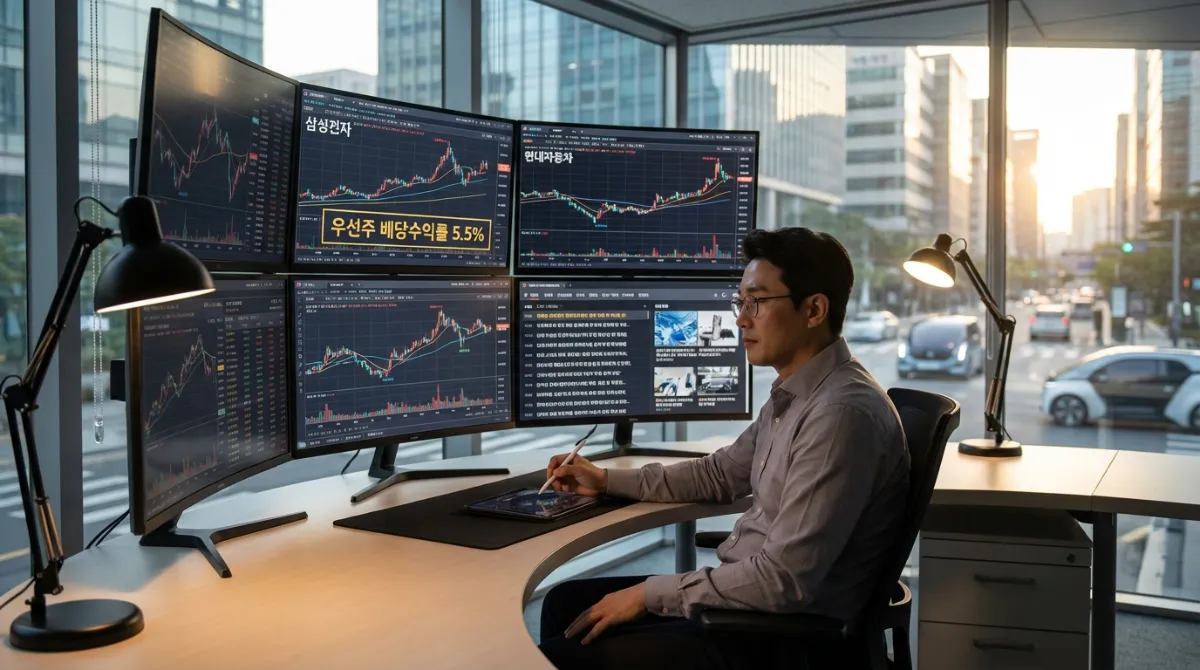 2026년 첨단 오피스에서 삼성전자와 현대차 주가 차트를 분석하며 우선주 5.5% 배당수익률을 확인하는 전문 주식 트레이더의 모습