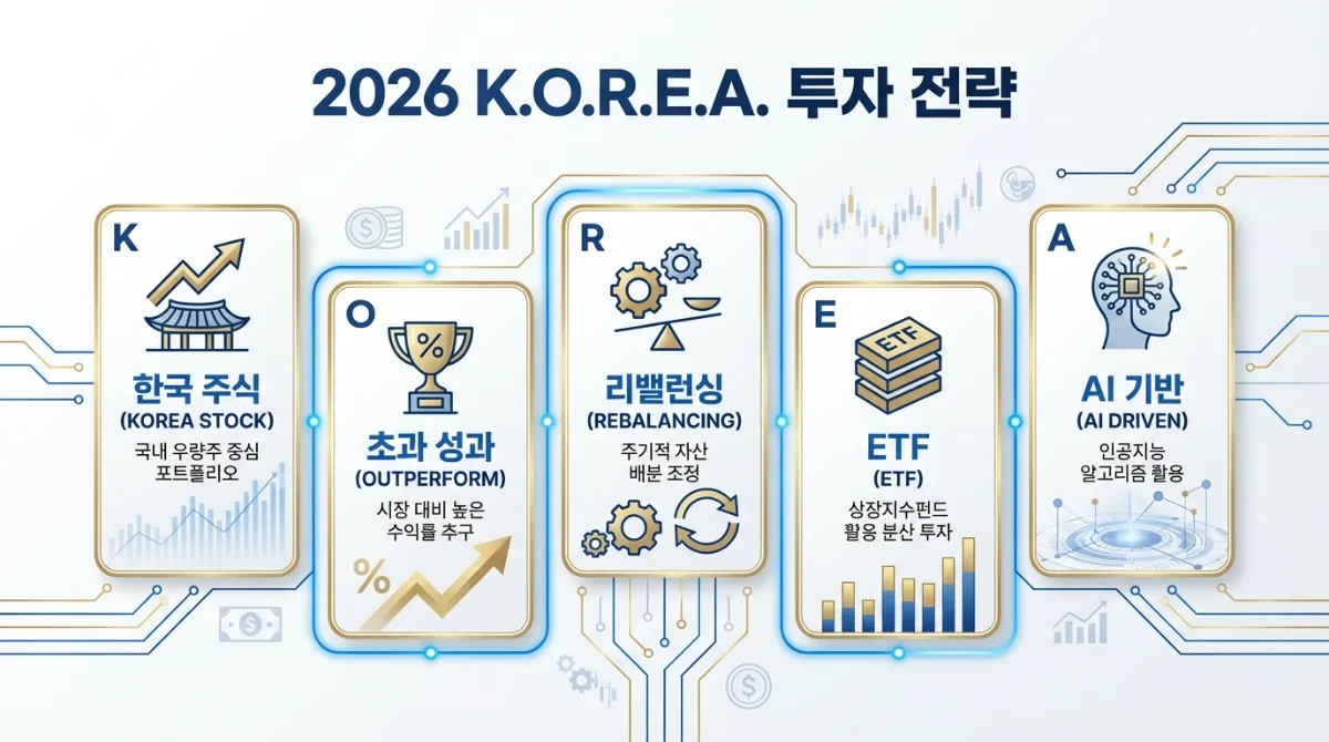2026년 Rank Math SEO 최적화를 위한 K.O.R.E.A 투자 전략 인포그래픽. 한국 주식(Korea Stock), 시장 수익률 상회(Outperform), 리밸런싱(Rebalancing), ETF, AI 기반(AI Driven) 전략을 담은 블루와 골드 톤의 세련된 금융 디자인입니다.