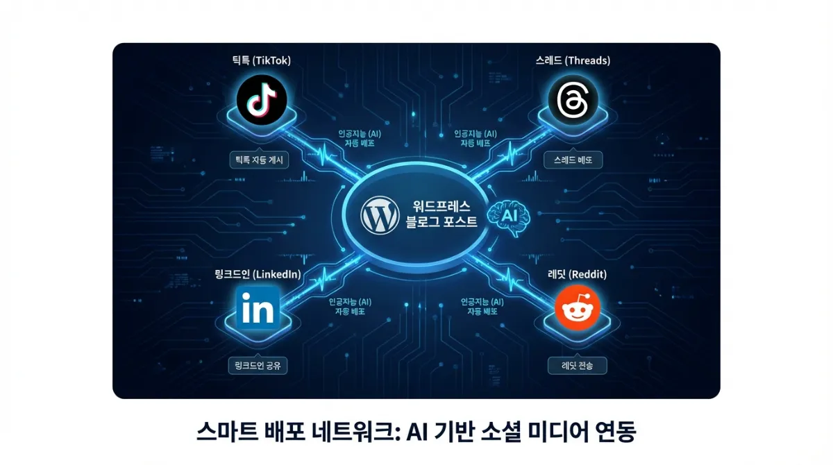 2026년 Blog2Social 백링크 자동화 설정: 구글 상위 노출을 위한 필수 전략은? 2 Rank Math SEO를 활용하여 워드프레스 블로그 포스트가 AI 기술로 TikTok, Threads, LinkedIn, Reddit 등 소셜 미디어에 자동 배포되는 모습을 시각화한 미래 지향적 인포그래픽