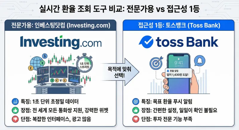 실시간 환율 조회 도구 비교 인포그래픽 이미지입니다. 전문가용 인베스팅닷컴의 1초 단위 초정밀 데이터 특징과 장단점, 그리고 접근성 1등 토스뱅크의 목표 환율 알림 특징과 장단점을 시각적으로 비교하여 사용자가 목적에 맞춰 선택하도록 돕습니다.