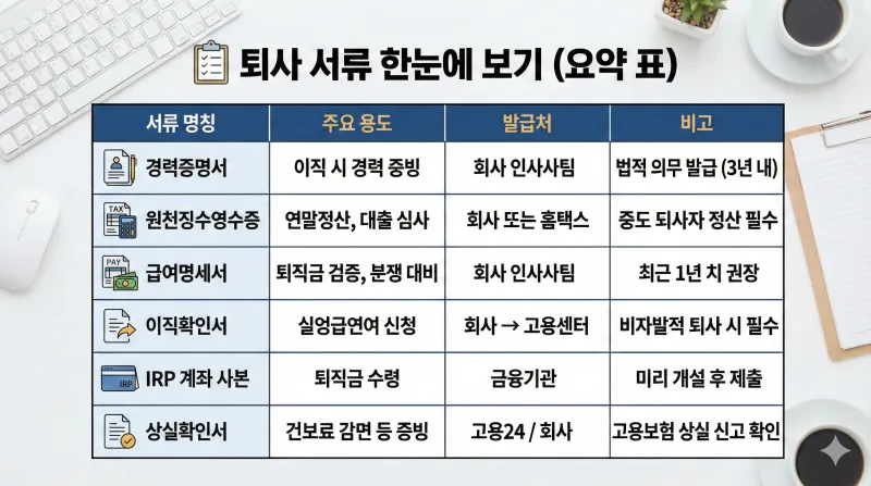 퇴사 전 '골든 타임' 놓치지 마세요! 반드시 챙겨야 할 필수 서류 7가지 (2026 최신판) 2 퇴직 시 필요한 주요 서류 6가지의 용도와 발급처를 한눈에 볼 수 있도록 정리한 가로 형태의 요약 표 이미지입니다. 경력증명서, 원천징수영수증 등 필수 퇴사 서류 정보를 담고 있습니다.