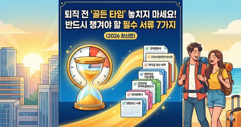 퇴직 전 놓쳐서는 안 될 골든 타임과 반드시 챙겨야 할 필수 서류 7가지를 안내하는 일러스트 썸네일 이미지입니다. 모래시계와 체크리스트가 그려진 문서들이 퇴직 준비의 중요성을 시각적으로 강조하고 있습니다.
