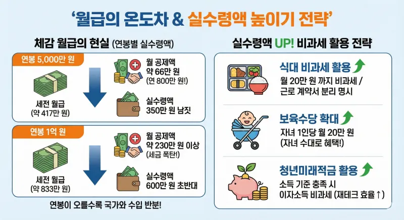 연봉별 체감 월급의 차이와 식대, 보육수당 등 비과세 항목 활용으로 실수령액을 높이는 전략을 정리한 인포그래픽입니다.