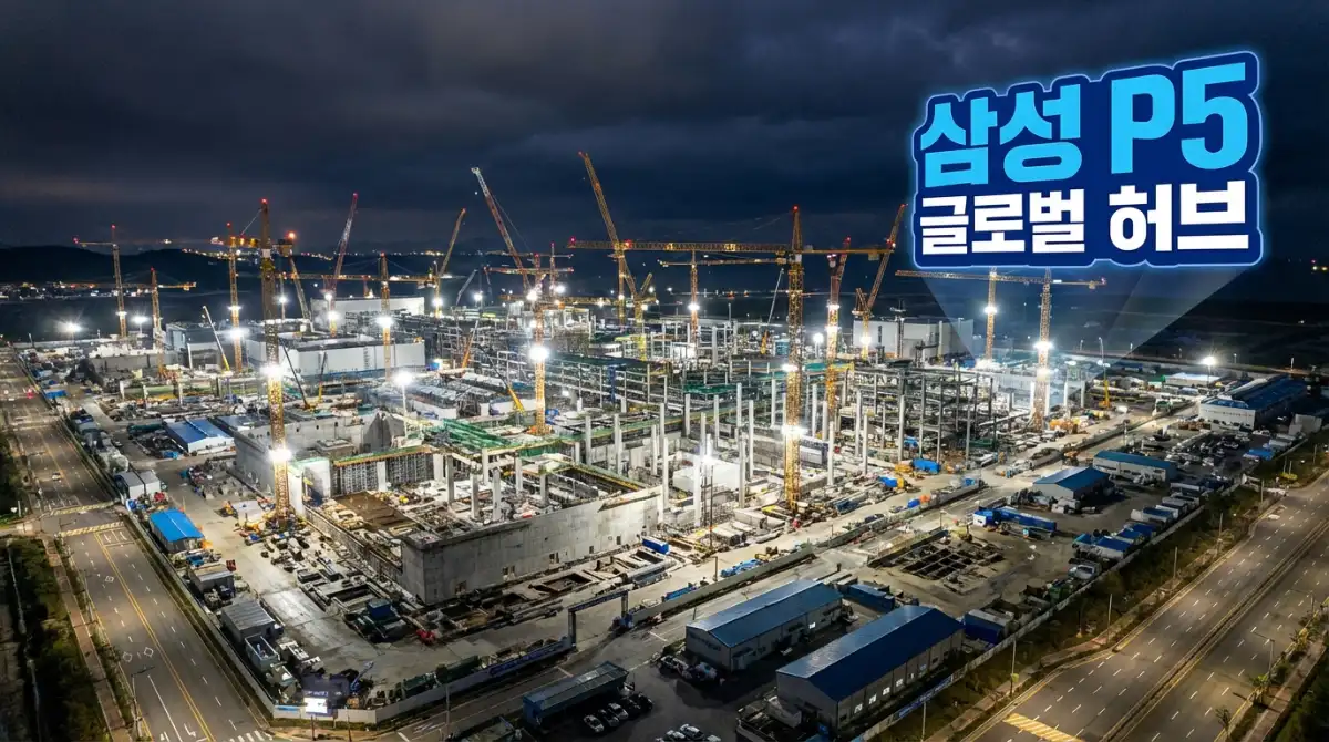 야간에 밝은 조명과 첨단 크레인이 어우러진 삼성전자 평택 P5 캠퍼스 건설 현장의 항공 조감도이며 '삼성 P5 글로벌 허브'라는 한국어 그래픽이 포함되어 있습니다.