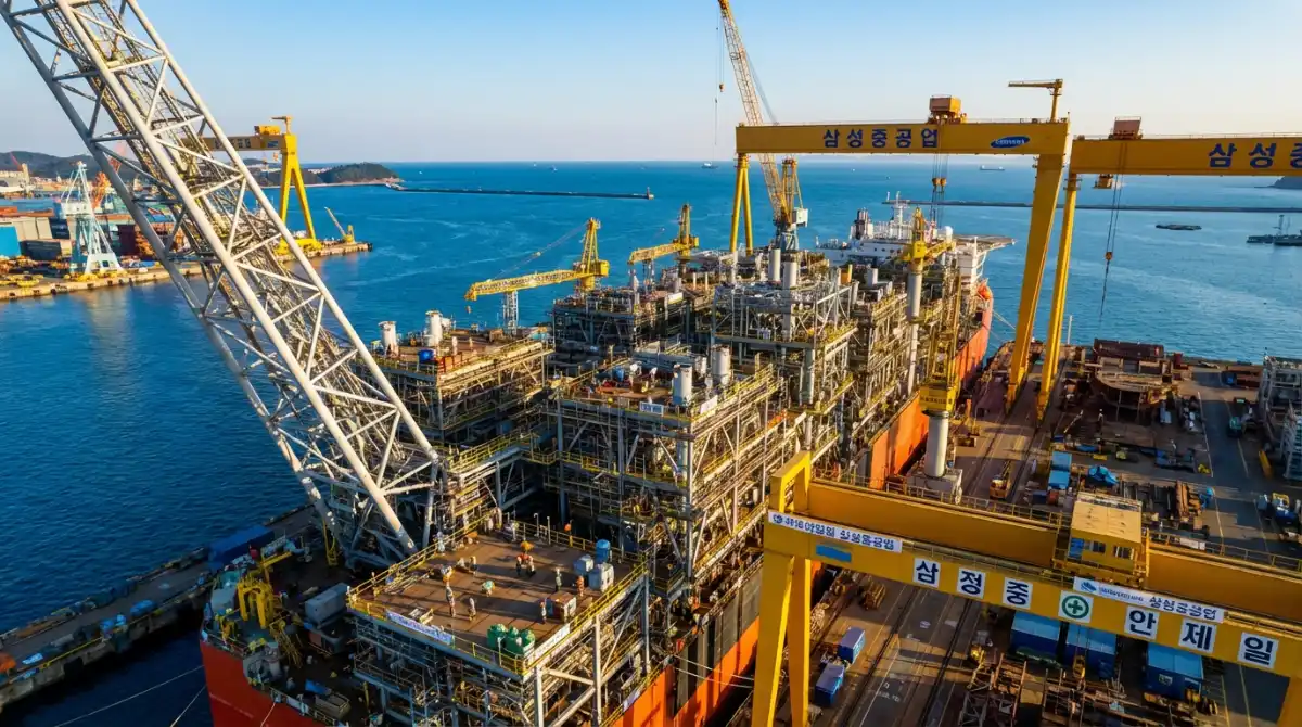 현대적인 조선소에서 건조 중인 삼성중공업 FLNG 설비의 웅장한 모습과 푸른 바다 배경