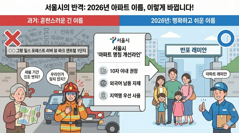 서울시의 2026년 아파트 이름 변화 트렌드를 보여주는 인포그래픽입니다. 복잡했던 과거 이름이 '아파트 명칭 개선 가이드라인'을 통해 쉽고 명확하게 바뀌는 과정을 시각적으로 비교하여 설명합니다.