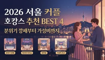 남산타워 야경을 배경으로 즐기는 서울 커플 호캉스 추천 일러스트로, 분위기 있는 명소부터 가성비 숙소까지 네 가지 테마를 직관적으로 보여줍니다.
