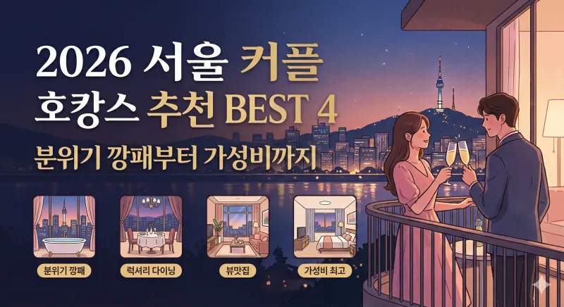 남산타워 야경을 배경으로 즐기는 서울 커플 호캉스 추천 일러스트로, 분위기 있는 명소부터 가성비 숙소까지 네 가지 테마를 직관적으로 보여줍니다.