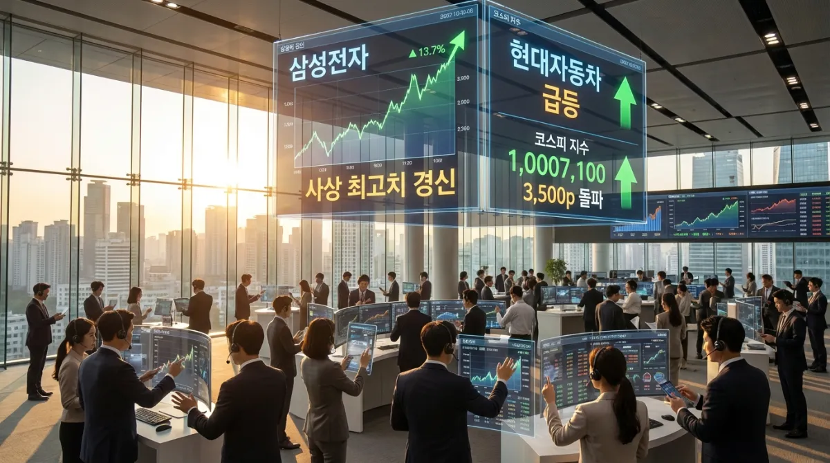 서울의 미래형 주식 시장 트레이딩 플로어에서 삼성전자, 현대자동차, 코스피 지수가 사상 최고치를 기록하는 홀로그램 디스플레이가 보이는 황금빛 조명의 전문적인 분위기