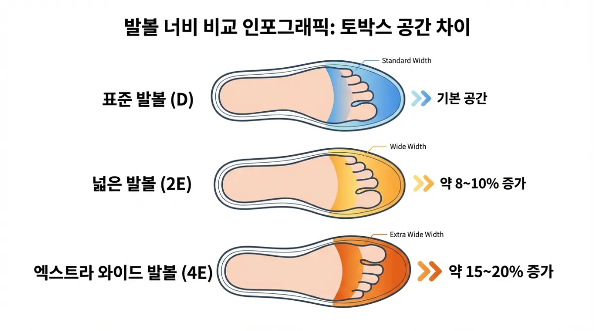 표준(D), 와이드(2E), 엑스트라 와이드(4E) 신발 밑창 너비와 토박스 공간 차이를 상세히 비교한 인포그래픽