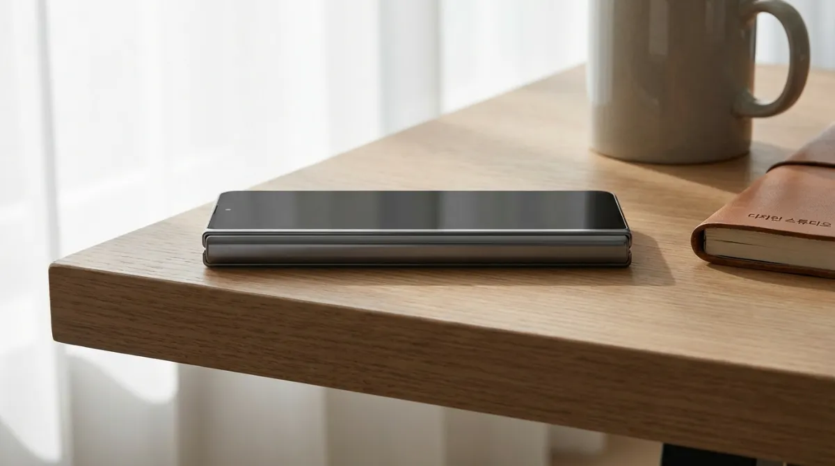 모던한 원목 책상 위 소프트 조명 아래 놓인 약 9mm 두께의 슬림한 폴더블 아이폰 티타늄 그레이 모델의 측면 모습과 심리스 힌지 디자인