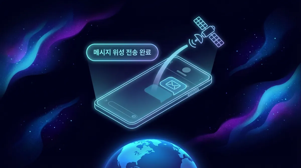 우주 배경과 지구가 보이는 환경에서 스마트폰의 위성 메시지 기능을 통해 한국어로 '위성을 통해 메시지 전송됨' 확인창이 표시된 개념 일러스트