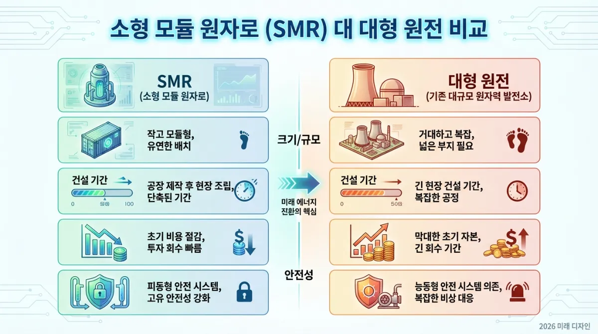 소형모듈원전(SMR)과 기존 대형 원자력 발전소를 크기, 건설 기간, 비용, 안전성 측면에서 비교한 2026년 미래형 디자인의 인포그래픽