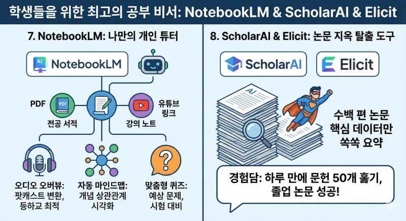 2026년 업무 효율 200% 올리는 AI 도구 추천 TOP 8: 직장인과 학생을 위한 필독 리스트는? 5 학생들을 위한 최고의 공부 비서 AI 도구 인포그래픽으로, 개인 튜터 역할을 하는 NotebookLM과 논문 요약 및 분석을 돕는 ScholarAI & Elicit의 기능을 시각적으로 설명하고 있습니다. NotebookLM은 오디오 변환, 마인드맵, 퀴즈 기능을, ScholarAI와 Elicit은 논문 핵심 데이터 요약 기능을 강조하며 실제 경험담도 함께 보여줍니다.