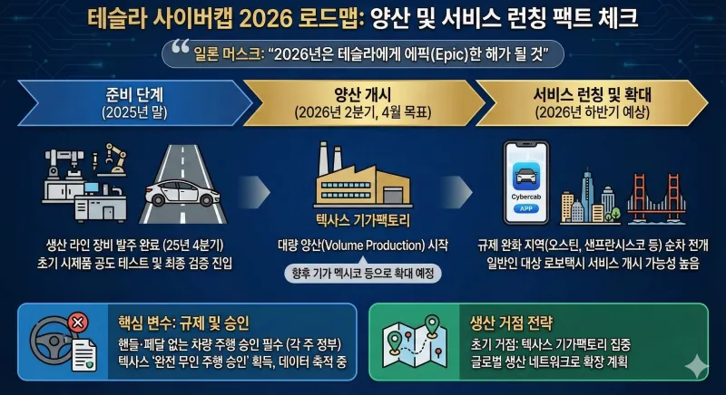테슬라 사이버캡 진짜 2026년에 탈 수 있을까? 가격, 디자인, 무선 충전 스펙 완벽 정리 (핸들 없는 로보택시의 실체) 2 테슬라 사이버캡의 2026년 로드맵 인포그래픽으로, 준비 단계부터 텍사스 기가팩토리에서의 양산 개시, 그리고 규제 완화 지역을 중심으로 한 서비스 런칭 및 확대 계획을 타임라인 형태로 보여줍니다. 핵심 변수인 규제 승인과 생산 거점 전략도 함께 정리되어 있습니다.