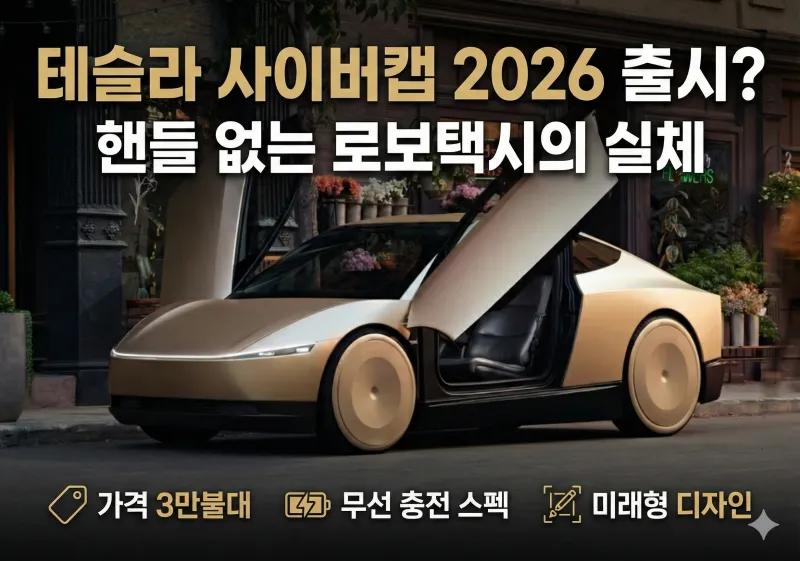 테슬라 사이버캡 2026년 출시 정보와 가격, 무선 충전 스펙, 미래형 디자인 등 핸들 없는 로보택시의 실체를 정리한 썸네일 이미지입니다.